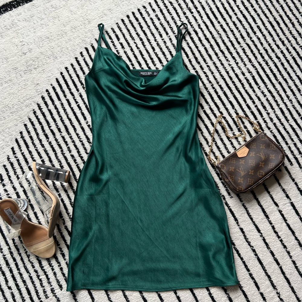 Nasty Gal Cowl Neck Satin Mini Slip Dress Teal US2